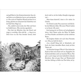 Illustrierte Buchseite mit Pina und Pony Josch beim Zaubern, während eine Szene im Zauberwald beschrieben wird.