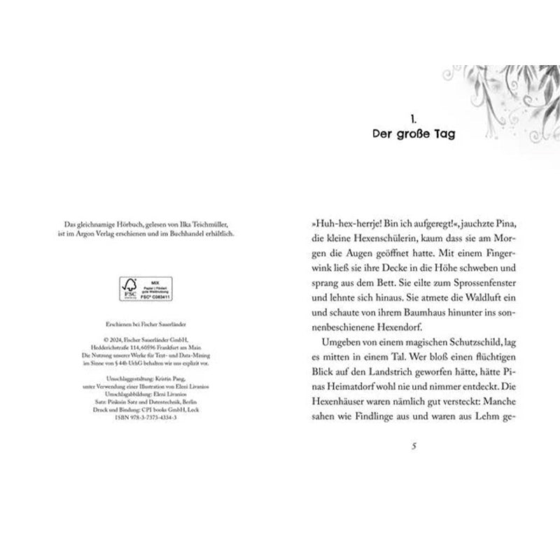 Erste Buchseite mit Kapitelbeginn „Der große Tag“, in dem Pina sich auf ihre Hexenprüfung vorbereitet.