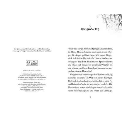 Erste Buchseite mit Kapitelbeginn „Der große Tag“, in dem Pina sich auf ihre Hexenprüfung vorbereitet.