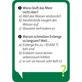 Quizkarte Vorderseite mit Fragen: „Wieso läuft das Meer nicht über?“ mit drei Antwortmöglichkeiten, sowie „Warum schmelzen Eisberge so langsam?“ ebenfalls mit drei Antwortmöglichkeiten.
