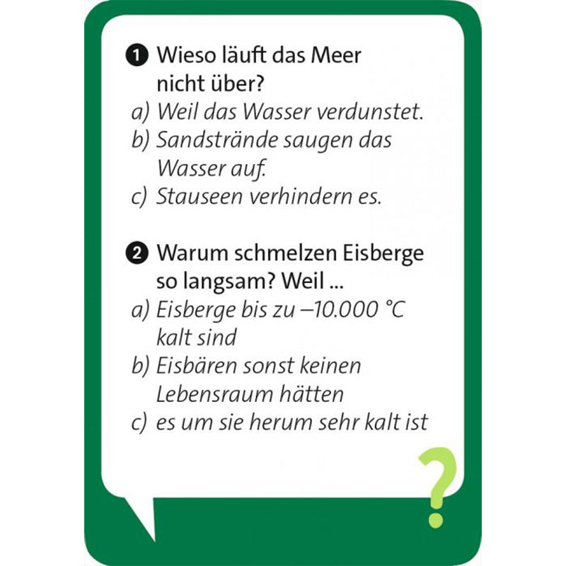 Quizkarte Vorderseite mit Fragen: „Wieso läuft das Meer nicht über?“ mit drei Antwortmöglichkeiten, sowie „Warum schmelzen Eisberge so langsam?“ ebenfalls mit drei Antwortmöglichkeiten.