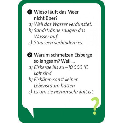 Quizkarte Vorderseite mit Fragen: „Wieso läuft das Meer nicht über?“ mit drei Antwortmöglichkeiten, sowie „Warum schmelzen Eisberge so langsam?“ ebenfalls mit drei Antwortmöglichkeiten.