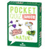 Verpackung des Spiels „Pocket Quiz Junior Natur“ vom Moses Verlag, mit Illustrationen von Schwein, Blumen, Bienen, Wetter-Symbolen und Bäumen.