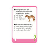 Quizkarte mit Fragen zu Pferden: „Wie groß waren die Vorfahren der Pferde vor 50 Millionen Jahren?“ mit drei Antwortmöglichkeiten und einer Illustration eines urzeitlichen Pferdes.