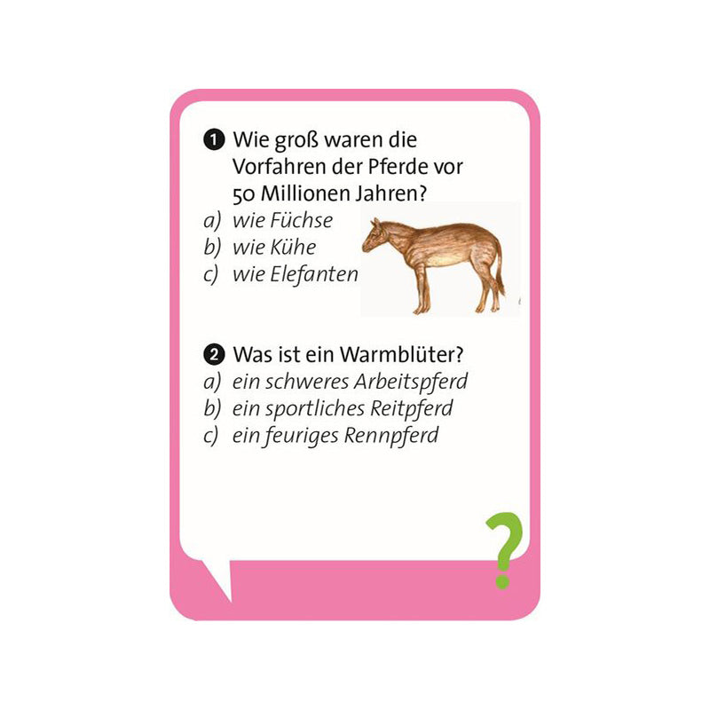 Quizkarte mit Fragen zu Pferden: „Wie groß waren die Vorfahren der Pferde vor 50 Millionen Jahren?“ mit drei Antwortmöglichkeiten und einer Illustration eines urzeitlichen Pferdes.