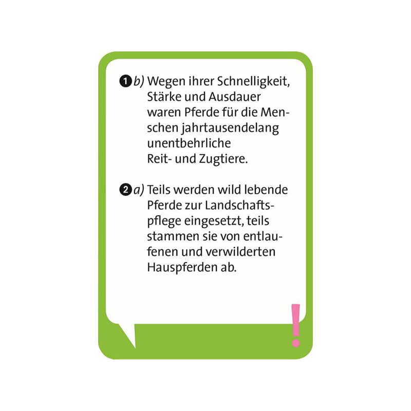 Rückseite einer Quizkarte mit den Antworten und kurzen Erklärungen zu Pferdefragen.