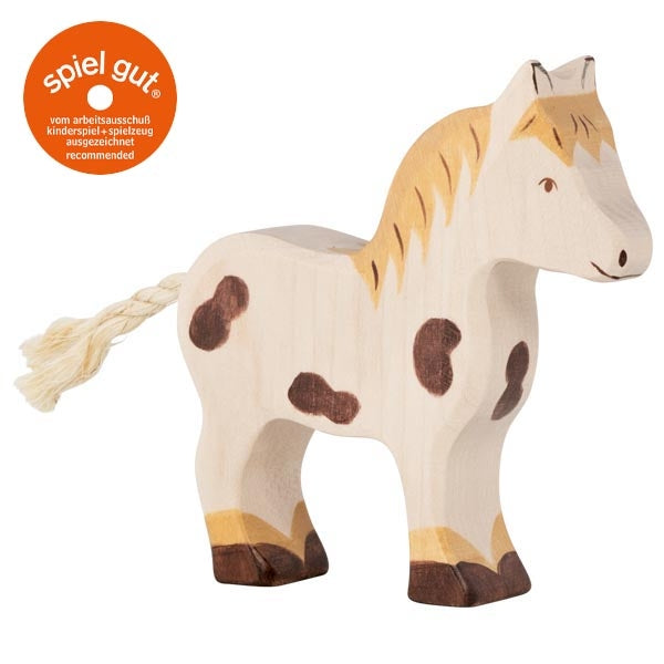 weisse pony Holzfigur von Holztiger mit braunen flecken und blonder Mähne