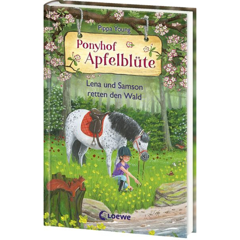 Buchcover „Ponyhof Apfelblüte – Lena und Samson retten den Wald“ von Pippa Young zeigt ein Mädchen mit Helm und ihrem Pony Samson in einer bunten Waldszene voller Blumen.