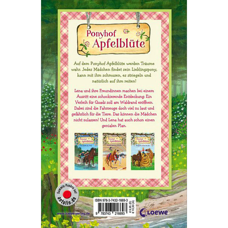 Rückseite des Buchs mit Klappentext über Lena und ihre Freundinnen, die verhindern wollen, dass ein Quad-Verleih am Waldrand eröffnet wird.