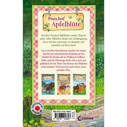 Rückseite des Buchs mit Klappentext über Lena und ihre Freundinnen, die verhindern wollen, dass ein Quad-Verleih am Waldrand eröffnet wird.