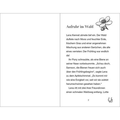 Erste Buchseite mit dem Kapitel „Aufruhr im Wald“, in dem Lena und ihr Pony Samson den Frühling im Wald begrüßen.
