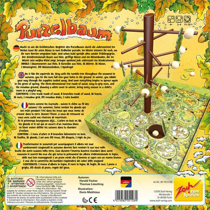 Rückseite der Spielverpackung „Purzelbaum“ mit Beschreibung des Spiels und Abbildungen des Spielaufbaus.
