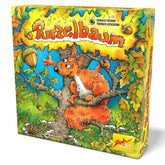 Bild: Verpackung des Spiels „Purzelbaum“ mit einem roten Eichhörnchen, das auf einem Ast zwischen grünen und gelben Eichenblättern sitzt.