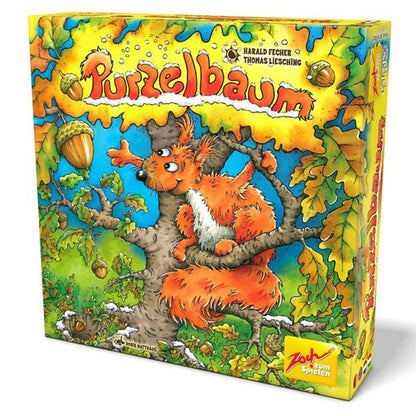 Bild: Verpackung des Spiels „Purzelbaum“ mit einem roten Eichhörnchen, das auf einem Ast zwischen grünen und gelben Eichenblättern sitzt.