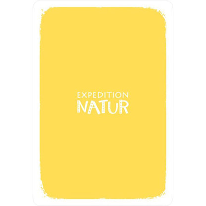 Rückseite der Spielkarten mit gelbem Hintergrund und Schriftzug „Expedition Natur“