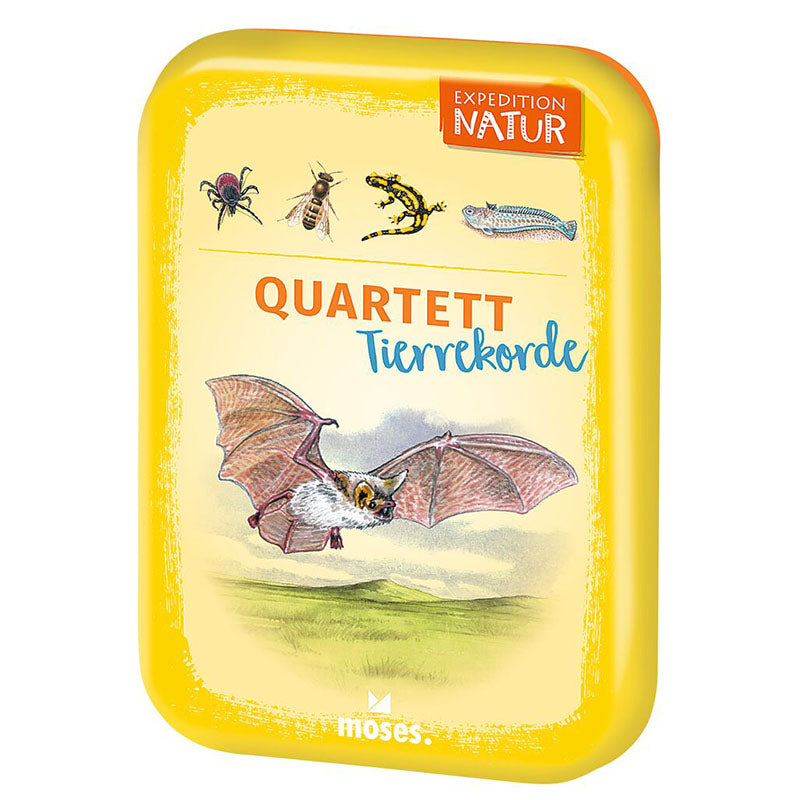 Spielschachtel „Quartett Tierrekorde“ mit Illustration einer Fledermaus und weiteren Tieren.