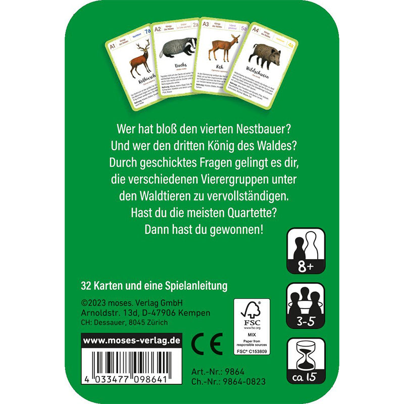 Rückseite der Spieleverpackung „Quartett Waldtiere“ mit Beschreibung, Spieleranzahl, Altersempfehlung und Spieldauer.