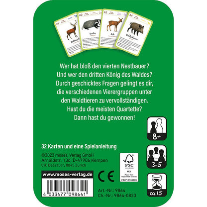 Rückseite der Spieleverpackung „Quartett Waldtiere“ mit Beschreibung, Spieleranzahl, Altersempfehlung und Spieldauer.