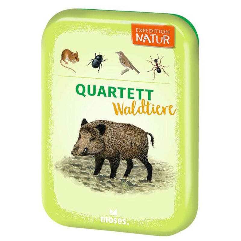 Verpackung „Quartett Waldtiere“ in einer grünen Metalldose mit Illustration eines Wildschweins und kleinen Tierabbildungen.