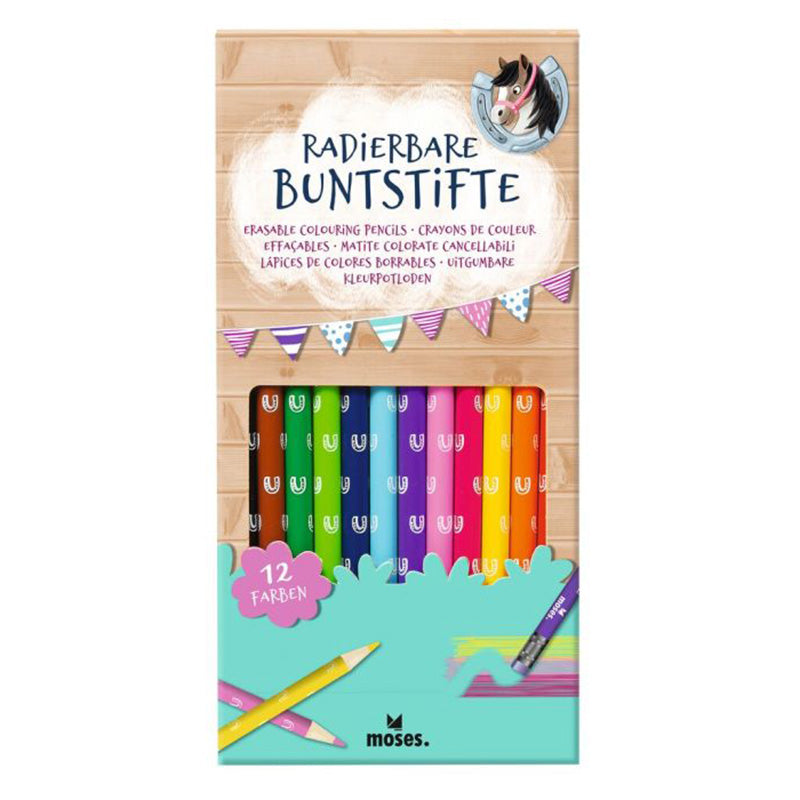 Eine Verpackung mit 12 radierbaren Buntstiften von moses. in verschiedenen Farben.