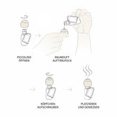 Grafik mit Schritt-für-Schritt-Anleitung zur Anwendung des Piccolino-Raumdufts