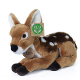 Plüsch-Rehkitz liegend, braun mit weißen Punkten, von vorne leicht seitlich gezeigt, mit Eco-Friendly Etikett und Rappa-Medaille.