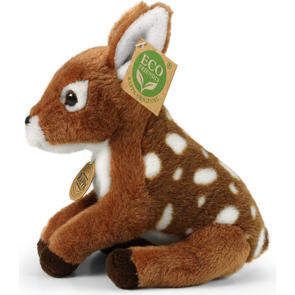 Stofftier Rehkitz braun-weiß, Seitenansicht, mit großen Augen und weißen Flecken.