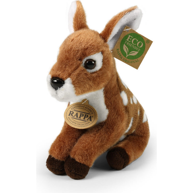Stofftier Rehkitz braun-weiß, leicht seitlich sitzend, mit Anhänger „Rappa“ und Öko-Schild.