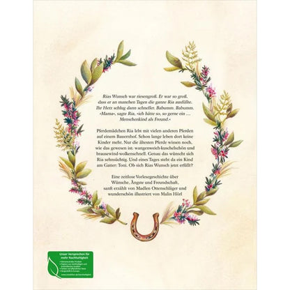 Buchrückseite: Ein Hufeisen, umrahmt von einem Kranz aus bunten Blumen und Blättern, mit Text in der Mitte.