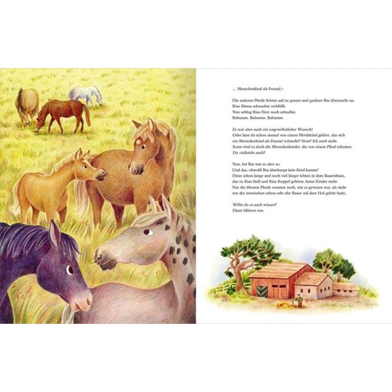 Buchseite: Eine Gruppe von Pferden auf einer grünen Weide, daneben ein Bauernhof mit roten Dächern.