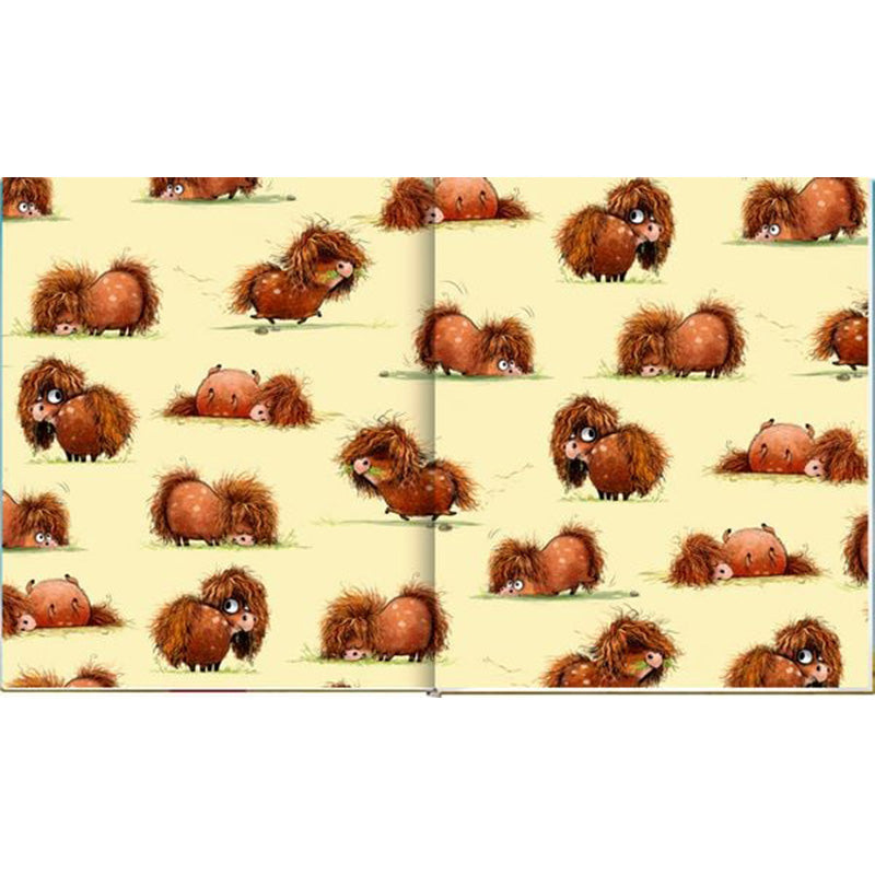 Illustration einer Doppelseite mit wiederholtem Muster brauner, zotteliger Ponys in verschiedenen lustigen Posen auf gelbem Hintergrund.
