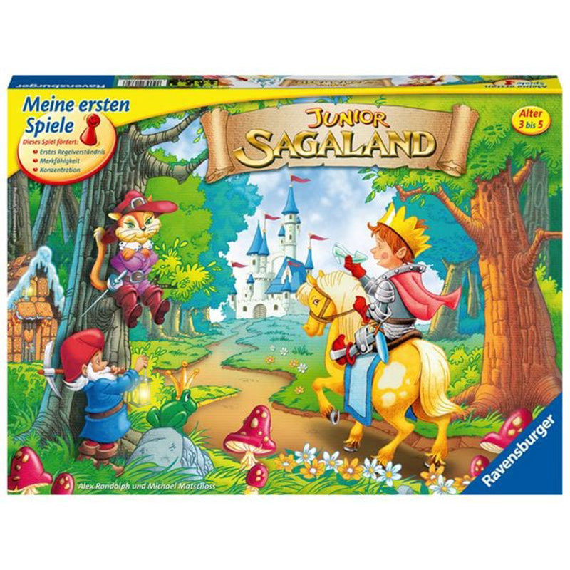 Verpackung des Brettspiels „Junior Sagaland“ von Ravensburger. Auf dem bunten Cover sind ein Ritterjunge auf einem Pferd, ein Zwerg und der gestiefelte Kater vor einem Schloss im Wald zu sehen.