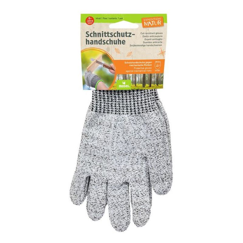 Schnittschutzhandschuhe in der Verkaufsverpackung „Expedition Natur“ von Moses, mit Aufdruck „Schnittschutzhandschuhe – Cut-resistant gloves“.