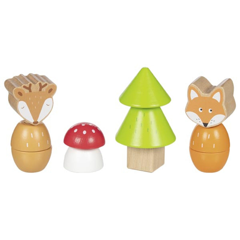 Fertig montierte Holzfiguren: ein Reh, ein roter Pilz, ein grüner Baum und ein Fuchs, alle aus bunten Holzteilen zusammengesetzt.