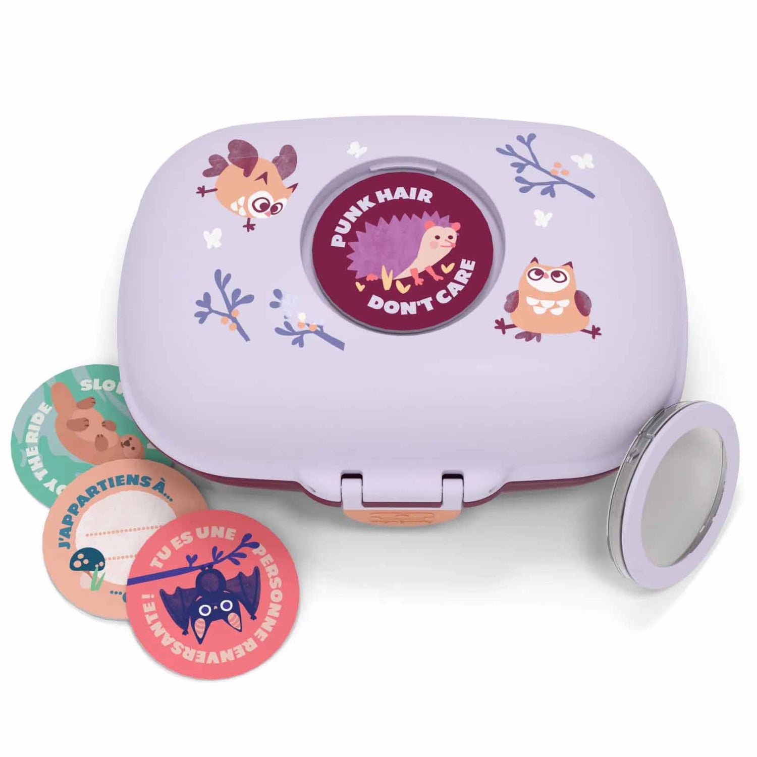 MonBento Snackbox Gram Eule mit wechselbaren Buttons – kreative Snackbox für Kinder, perfekt für Kindergarten und Schule.