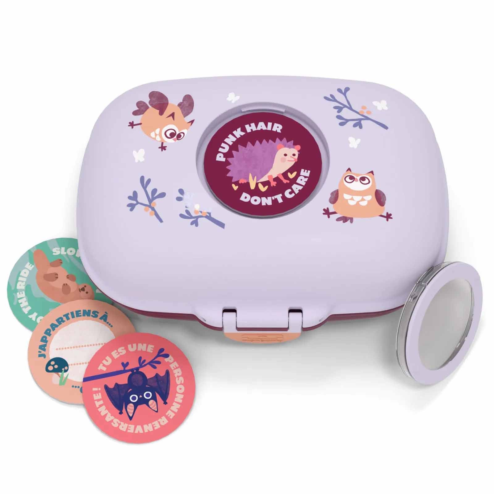 MonBento Snackbox Gram Eule mit wechselbaren Buttons – kreative Snackbox für Kinder, perfekt für Kindergarten und Schule.
