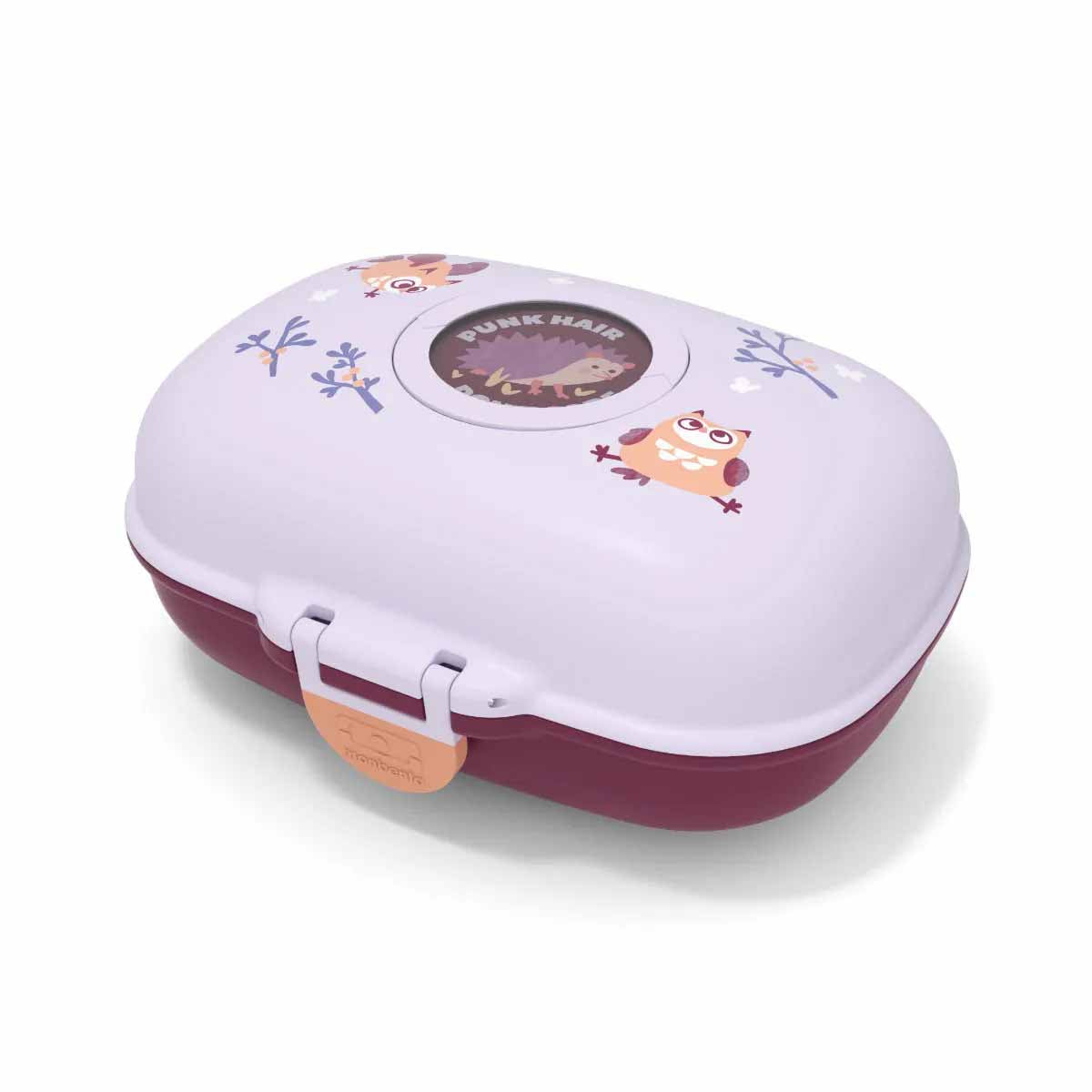 Seitliche Ansicht der MonBento Gram Eule Snackbox – kleine, praktische Mini-Jausenbox für unterwegs