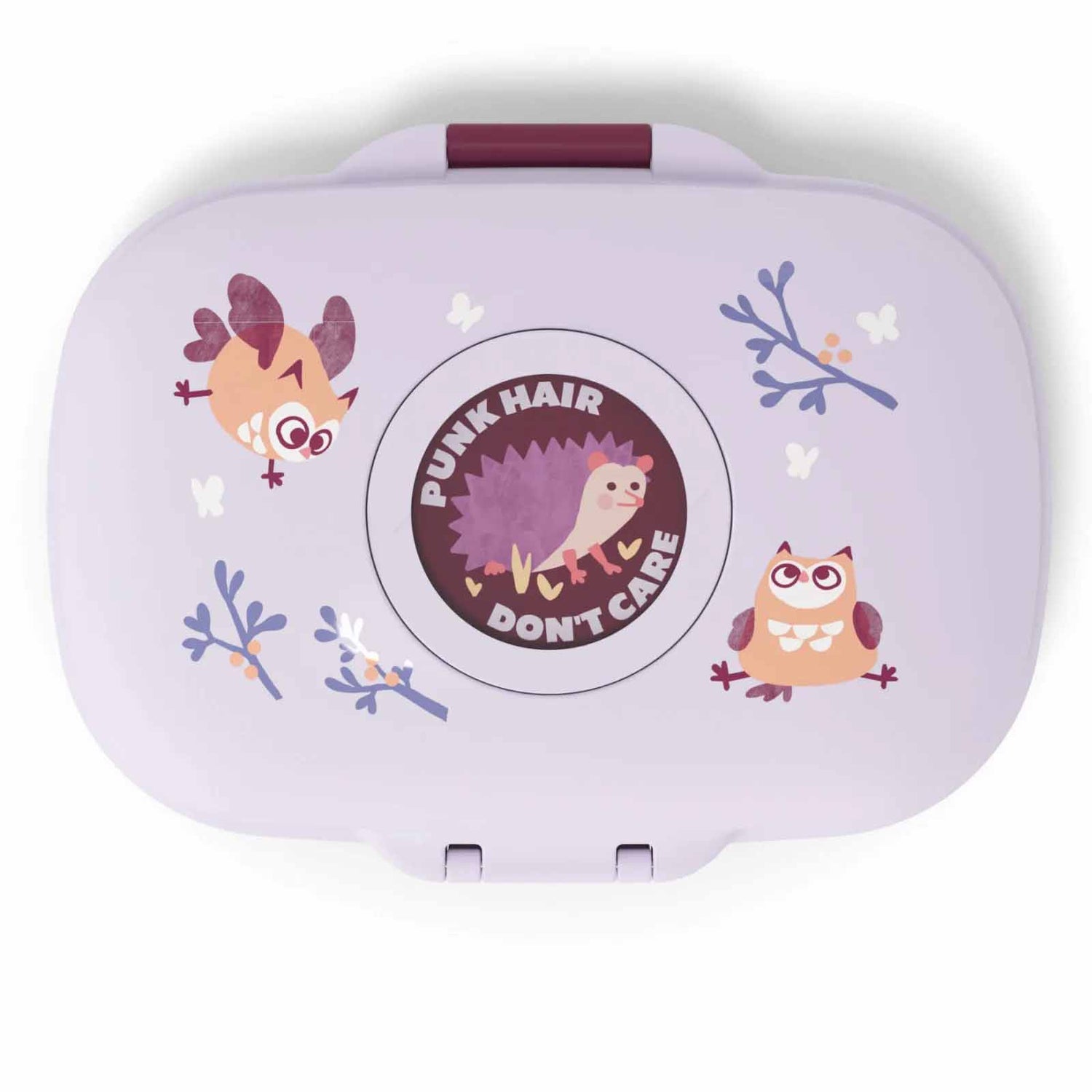 MonBento Gram Snackbox Eule von oben – kompakte Kinder Bentobox mit austauschbaren Buttons zum Personalisieren.