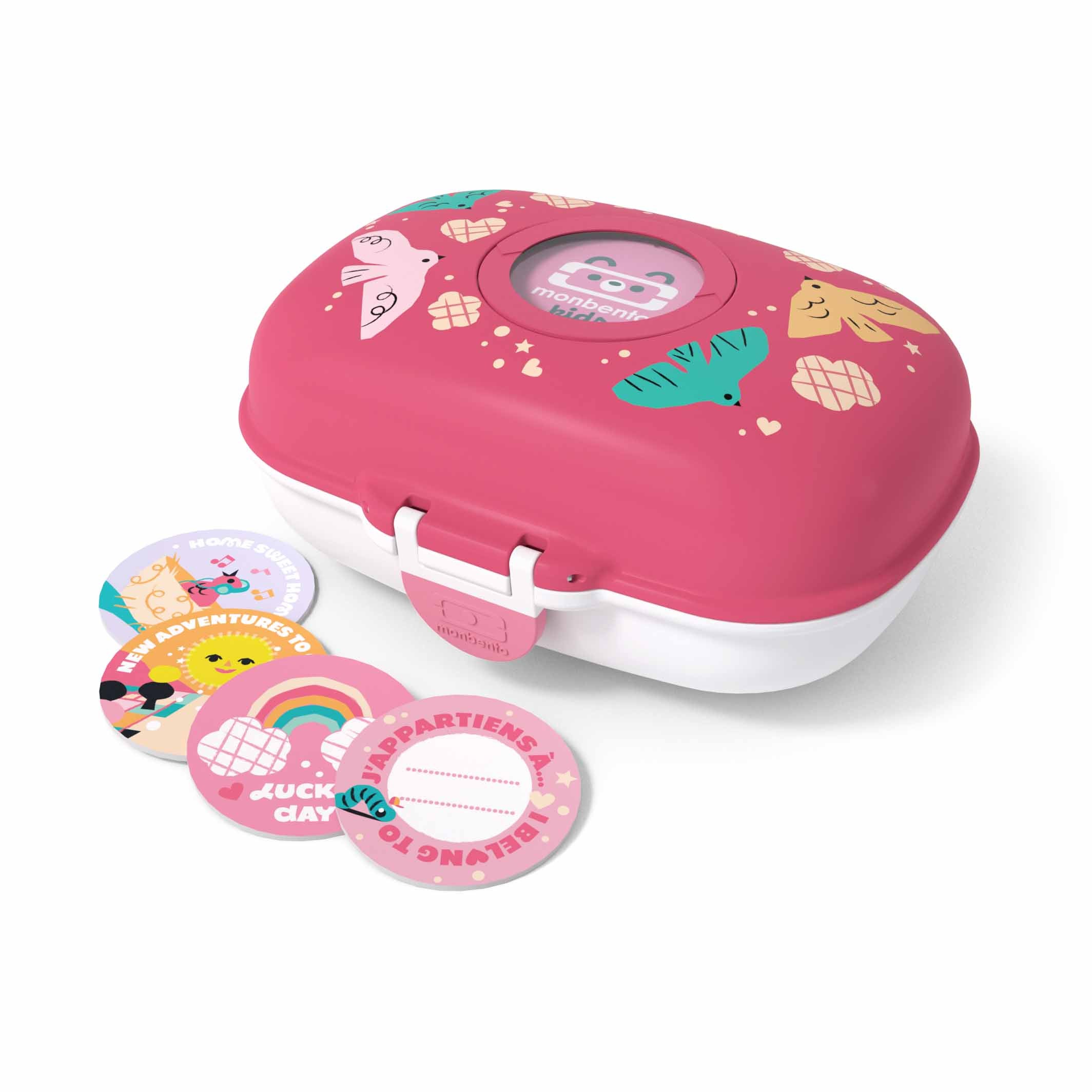 MonBento Snackbox Gram Vögel mit personalisierbaren Buttons – kreative Kinder Snackbox für Schule, Kindergarten oder Reisen.