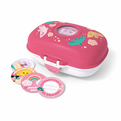 MonBento Snackbox Gram Vögel mit personalisierbaren Buttons – kreative Kinder Snackbox für Schule, Kindergarten oder Reisen.