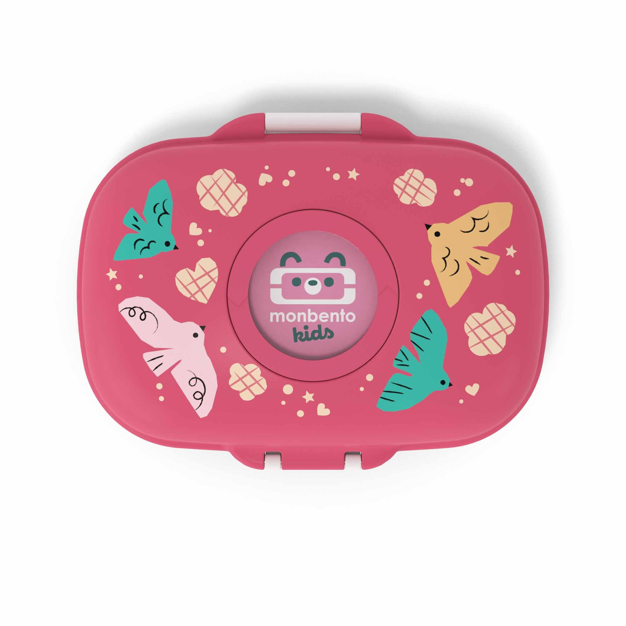 MonBento Gram Snackbox Vögel von oben – praktische Mini-Lunchbox für Kinder mit austauschbaren Buttons auf dem Deckel.