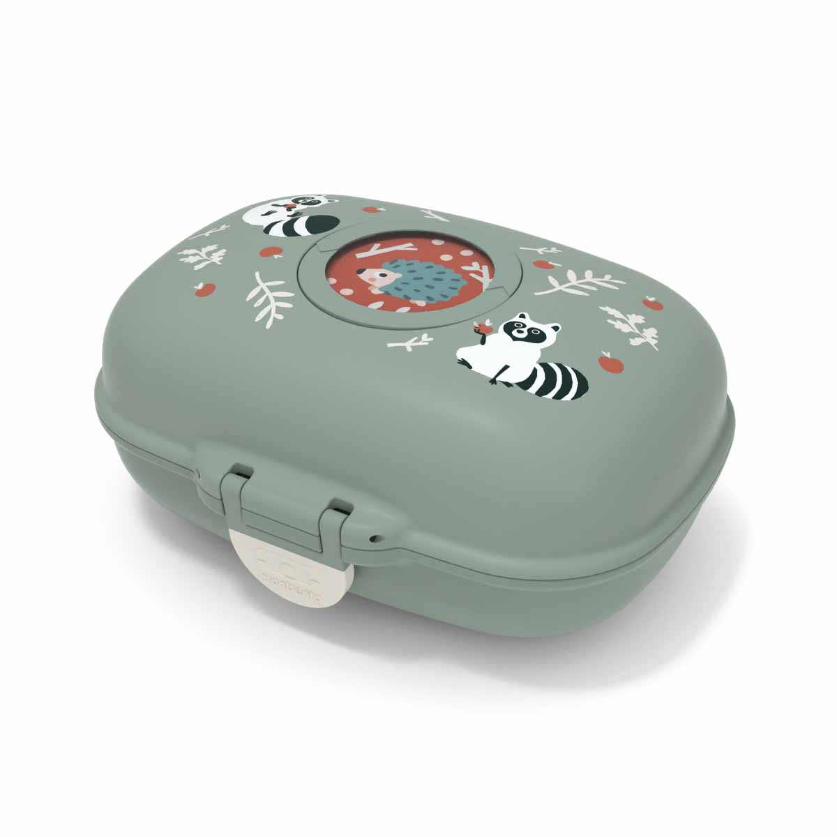 Seitliche Ansicht der MonBento Gram Waschbär Snackbox – langlebige Mini-Bentobox für kleine Mahlzeiten unterwegs.