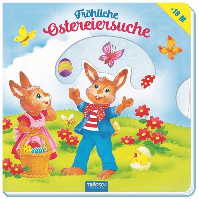 ChatGPT:

Buchcover: Zwei fröhliche Hasenkinder auf einer blühenden Wiese mit Ostereiern, Schmetterlingen und einem Küken, Titel „Fröhliche Ostereiersuche“.