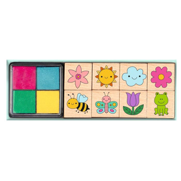 Gesamtinhalt des Stempelsets Blumen für Kinder mit 4 Stempelfarben und 8 Stempeln