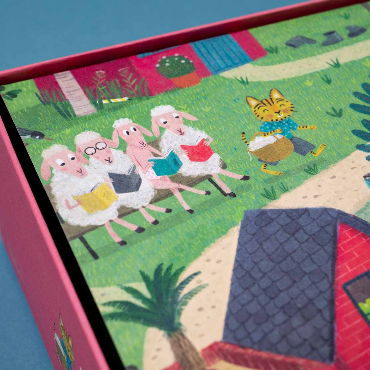 Detail aus dem Detektivpuzzle mit Dorfbewohnern und versteckten Hinweisen