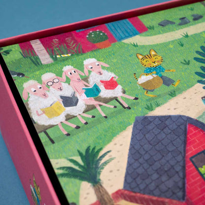 Detail aus dem Detektivpuzzle mit Dorfbewohnern und versteckten Hinweisen