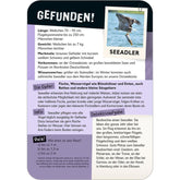 Kartenrückseite „Tatort Natur“ – Gefunden: Der Seeadler. Infos zu Größe, Gewicht, Merkmalen, Vorkommen, Beute, Verhalten und Quizfrage.