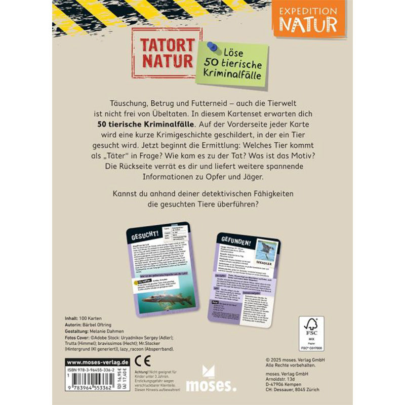 Rückseite der Spielbox „Tatort Natur“ – Beschreibung des Kartensets mit 50 tierischen Kriminalfällen, Beispielkarten und Infos zum Inhalt.