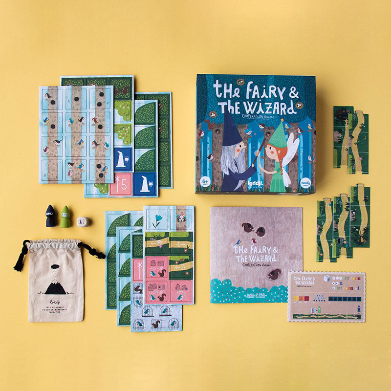 Komplettübersicht des Spielinhalts: Karten, Spielfiguren, Würfel, Anleitung und Schachtel auf gelbem Hintergrund.