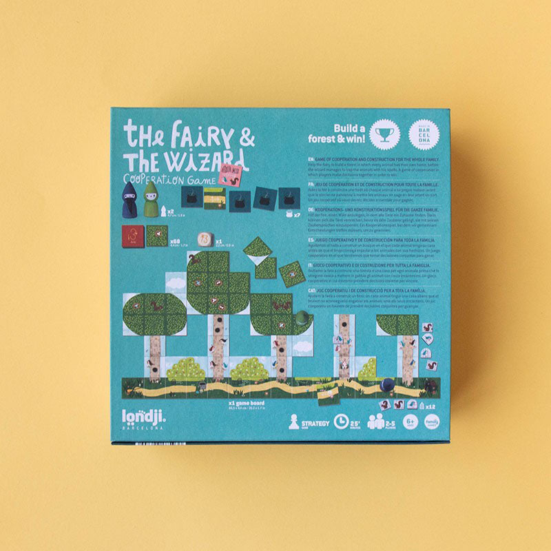 Rückseite der Spielbox „The Fairy &amp; The Wizard“ mit Spielaufbau, Anleitung und Illustrationen.